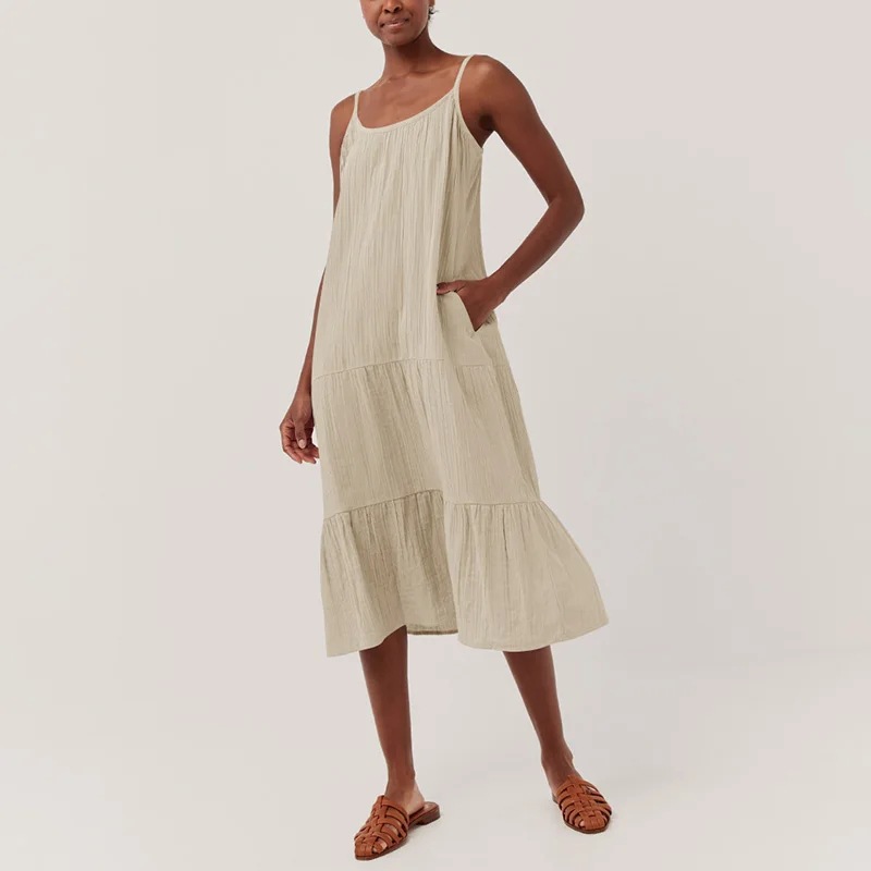 Crepe Cotton Suspender Dress Women Spring Summer Solid Color Sleeveless Midi Dress Holiday Casual Dress