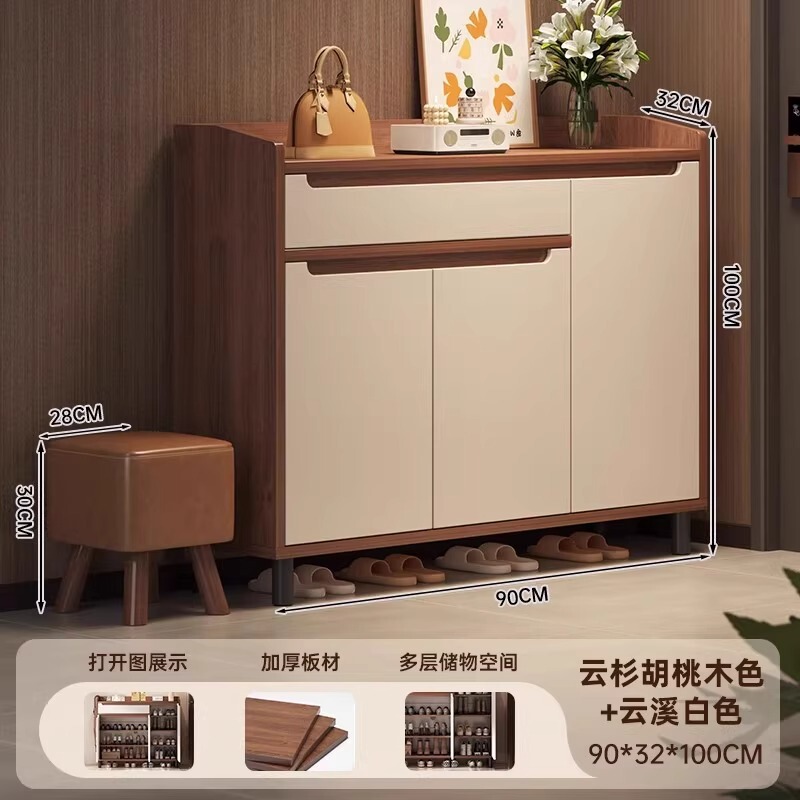 無垢材の角丸靴キャビネットホームドア新中国風収納キャビネット一体型壁掛け新モデル2025ホットスタイル廊下靴ラック|undefined
