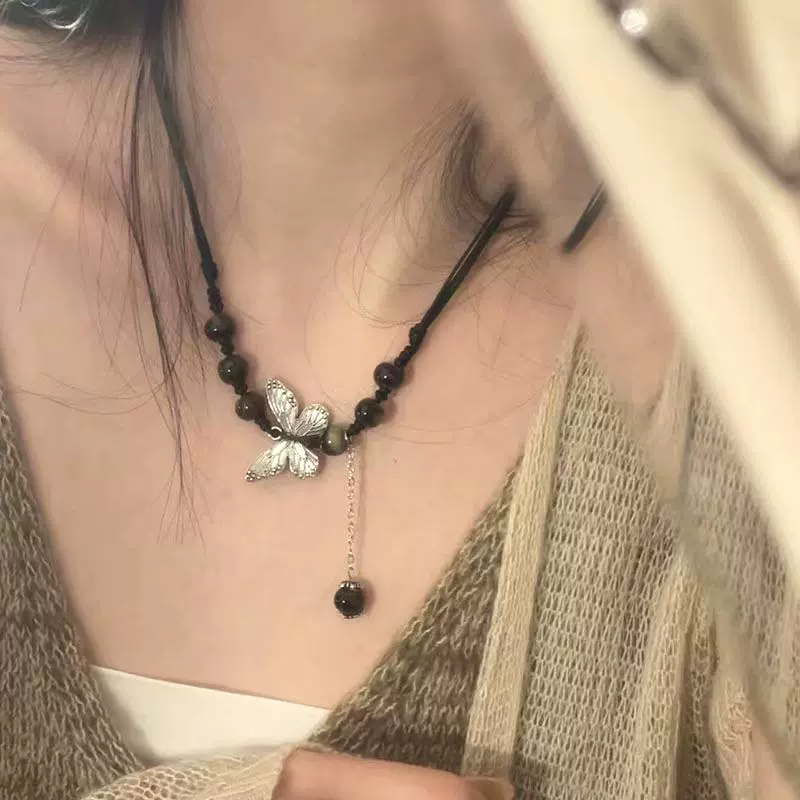 定制厂家货源批发中式民族风蝴蝶项链小众长款毛衣链编织锁骨链