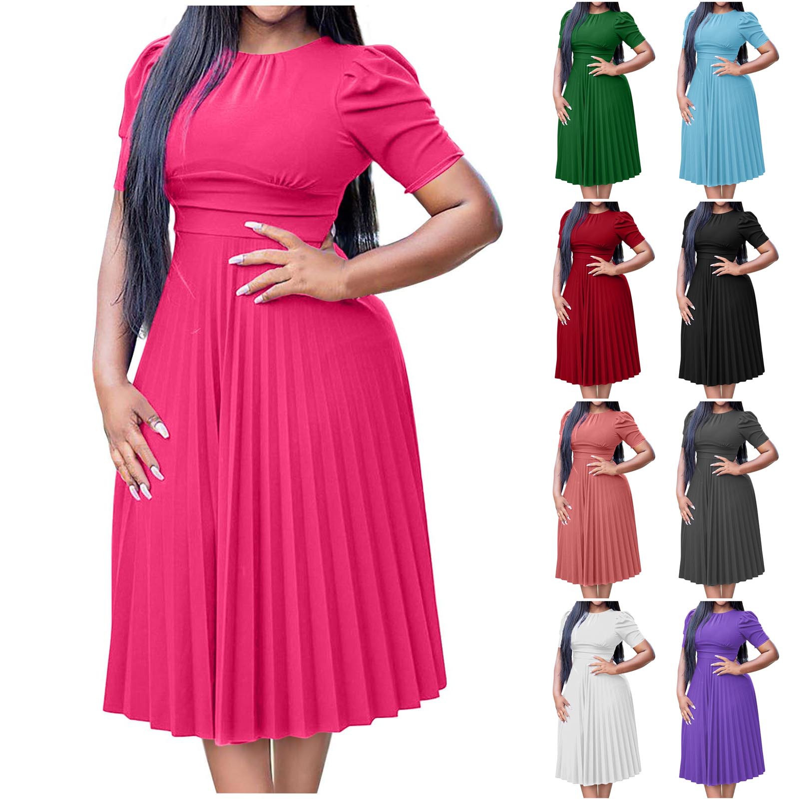 亚马逊eBay2025夏季新款气质短袖压褶纯色外贸欧美大码跨境连衣裙