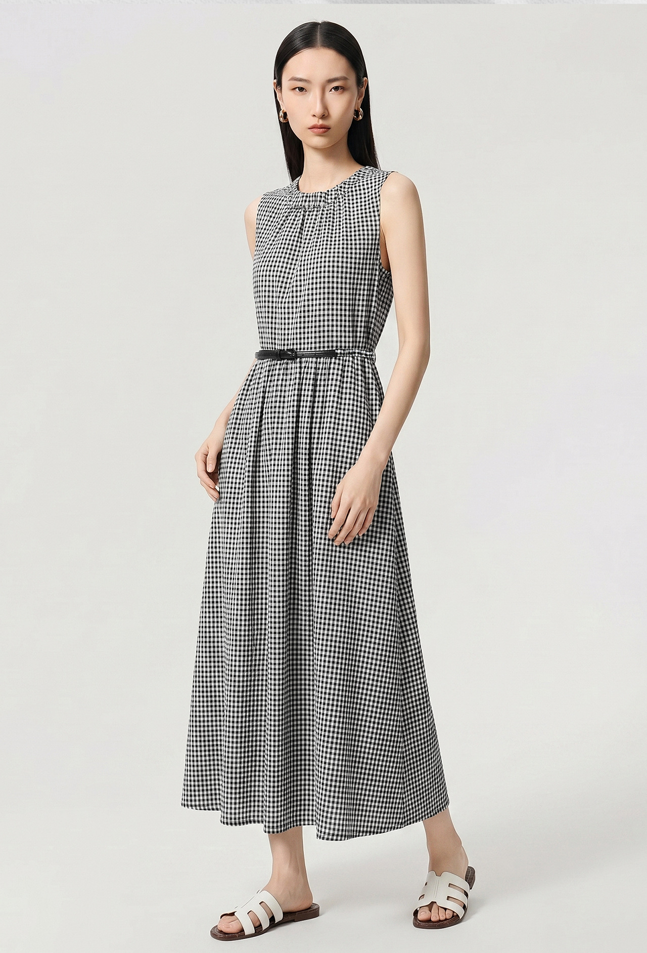 Đầm maxi nữ thắt eo họa tiết kẻ ô cổ điển, tay không, phong cách Pháp — Lưới đen trắng chi tiết 3