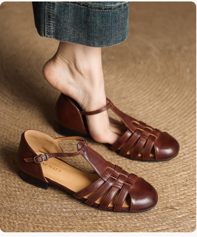 Sandal nữ mũi nhọn da bò quai chữ T gót thấp phong cách La Mã — nâu chi tiết 8