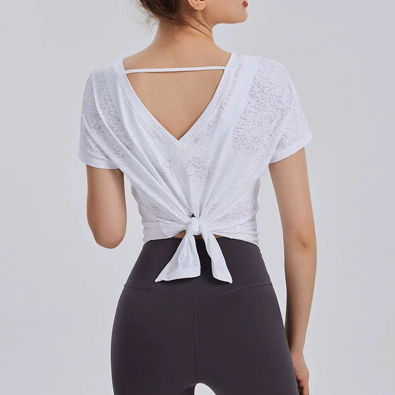 Одежда для йоги Женская свободная спортивная легкая дышащая блузка с короткими рукавами Летняя Красивая жаккардовая футболка с разрезом на спине