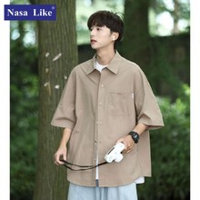 NASA联名短袖衬衫男士夏季纯棉衬衣纯色宽松男生潮牌复古休闲日系