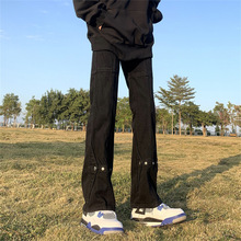 美式高街vibe风黑色排扣牛仔裤男夏季潮牌宽松直筒堆积感微喇裤子