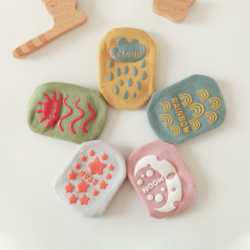 Spring and Autumn Baby Floor Socks Children's Socks Cartoon Weather Pattern Dotted Anti-Slip Socks Medium Tube Toddler Socks