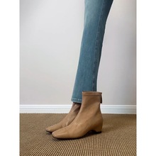 牛皮版极简内增高靴子弹力瘦瘦靴女后拉链英伦风方头百搭通勤短靴
