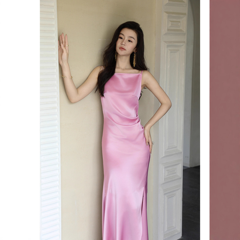 High-End Imported Satin Acetate Off-Shoulder Strap Dress for Women with Waist-Cinching Slit, Light Luxury, High-End Long Dress That Covers the Hips
