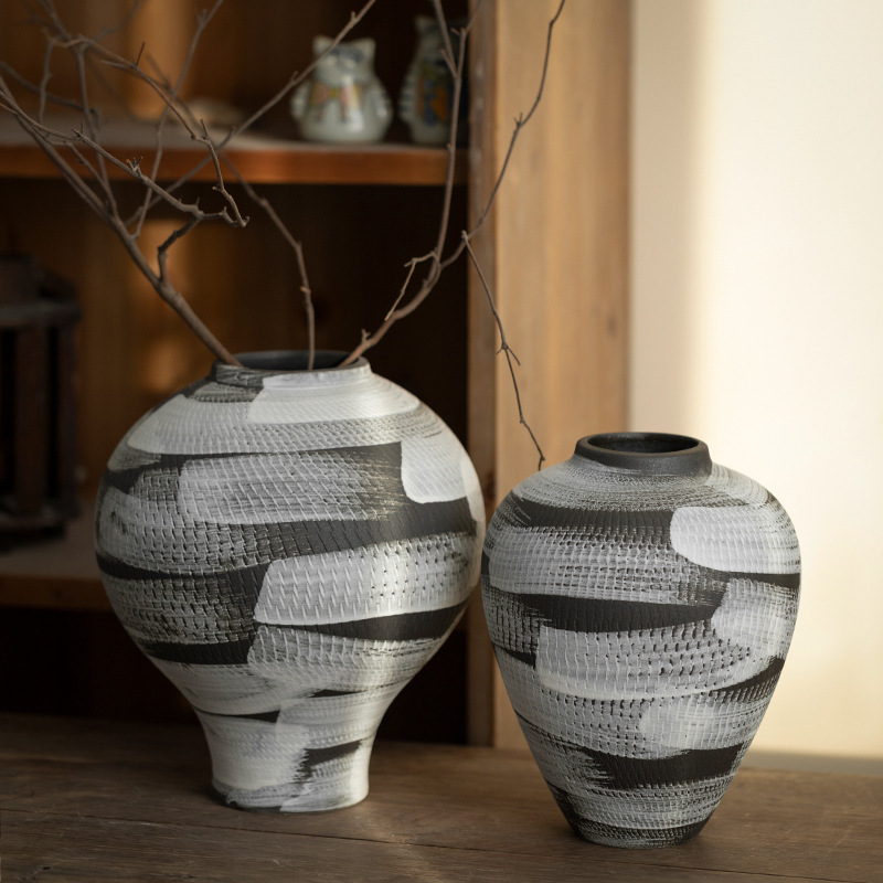 Jingdezhen Retro Style Ceramic Vase Accessible Luxury Pottery Ornaments Living Room Hotel B&B Countertop Flower Arrangement Decoration