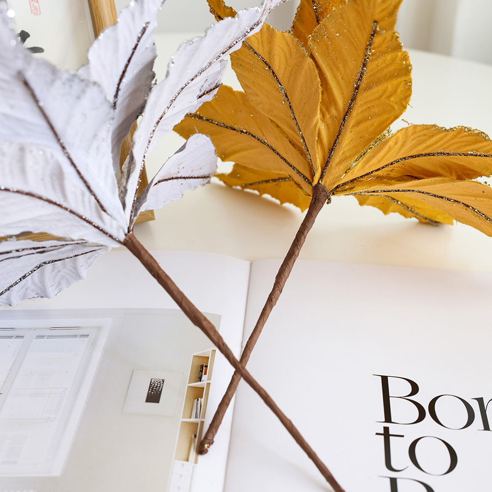 Flores y hojas artificiales con brillo para árbol o arreglos navideños, decoración elegante