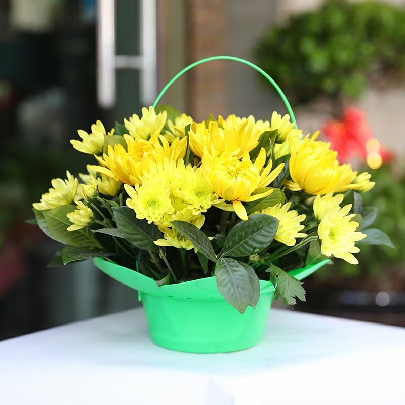 清明节新款莲花手提花篮扫墓上坟祭祀手提菊花花篮塑料花篮批发