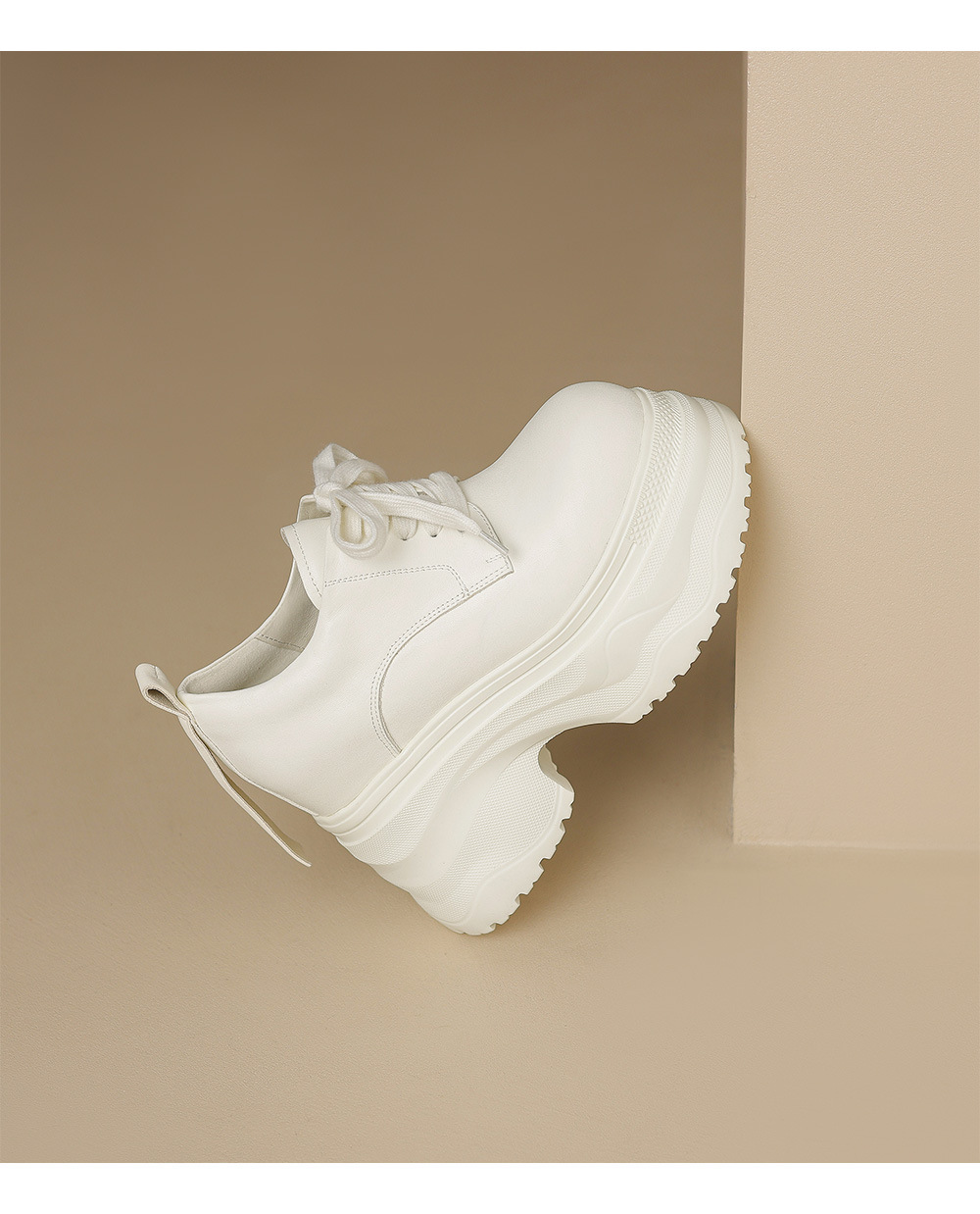 Giày sneaker nữ chunky đế dày phối màu mùa thu 2025, da bò thật, tăng chiều cao 12cm, buộc dây — Màu đen, Màu xám trắng, Màu trắng chi tiết 16