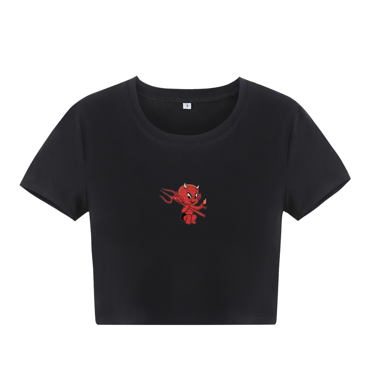 Little Devil Print Slim Fit Short-Sleeved Cropped T-Shirt NSOSY111531