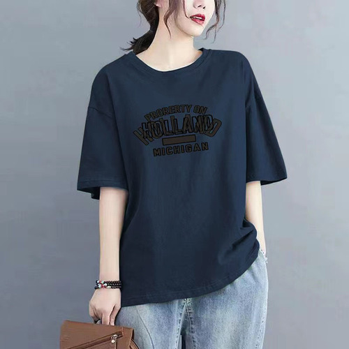 Summer New Arrival 100% Cotton Short Sleeve T-shirt for Women, Stylish and Fashionable, Plus Size, Versatile, Uncommon Round Neck Loose Top