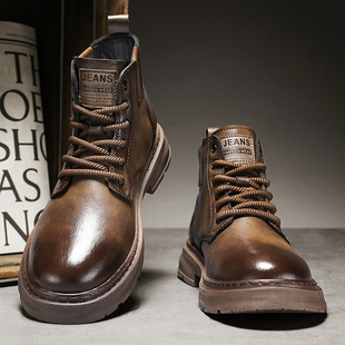 Cross-border Amazon live broadcast men's leather Martin boots all-match high-top shoes outdoor work boots thick-soled height increasing ankle boots