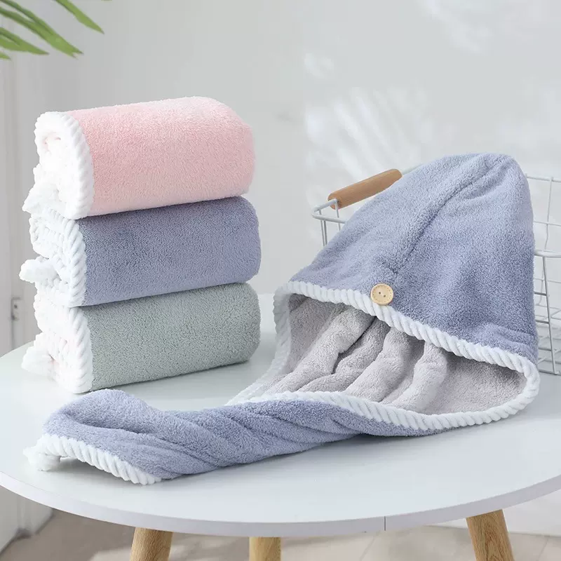 双拼色螺纹包边珊瑚绒双层干发帽女加厚超强吸水浴帽包头巾批发