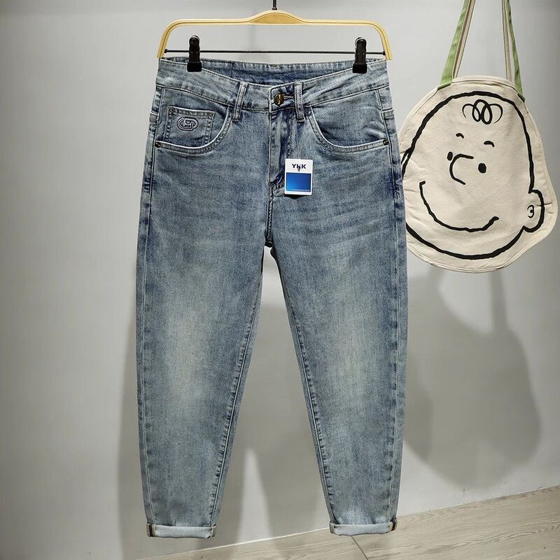 High-grade European light blue Cropped Jeans Men's Trendy Brand Monster Tapered Slim-fit Skinny Foot Summer Stretch All-match