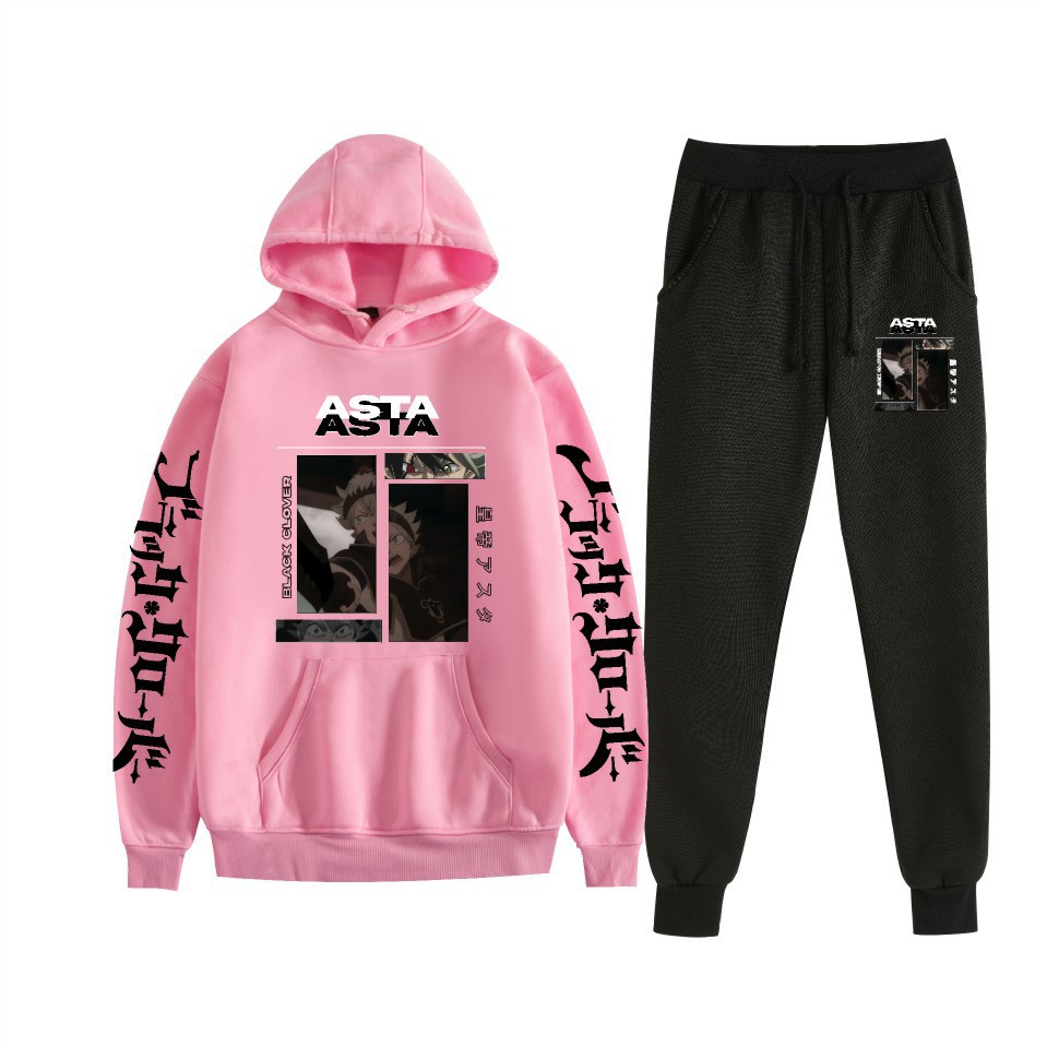 Traje de suéter con capucha suelto de dos piezas de trébol de cuatro hojas negro para hombres y mujeres con estampado de letras nuevas transfronterizas