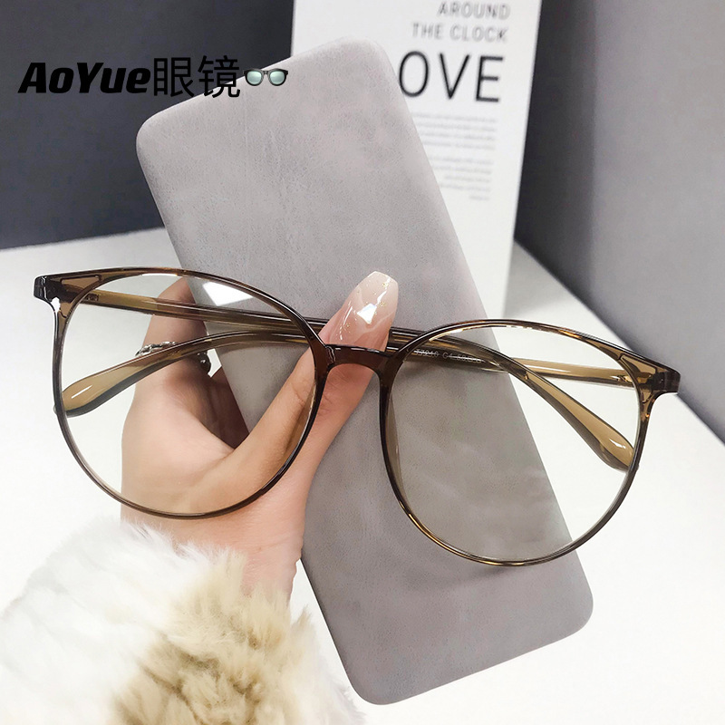 T7216 New Milk Tea Frame Plain Glasses for Women Korean Style Round Frame Big Face Slimming Look Popular Myopia Glasses Can Be Matched with Degrees