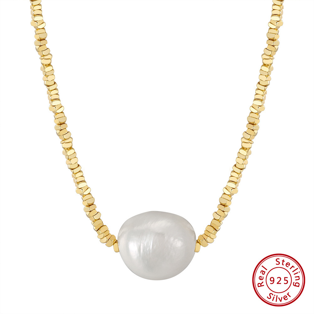 15g Weight 0.03µm Gold Plating Thickness Electroplating Gold Plating Process Freshwater Pearl Sterling Silver Beaded Chain Ball Pendant Necklace