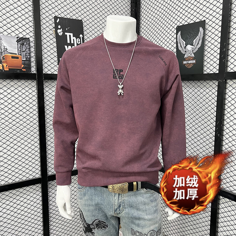 2025 autumn and winter hanging dyeing burning flower embroidery winter round neck fleece-lined thickened warm sweater winter men's long sleeve T-shirt