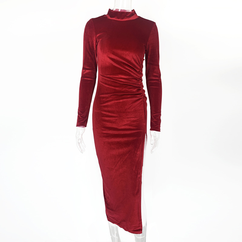 Elegant High Neck Long Sleeve Dress Pleated Design Side Slit Fashionable Style Perfect for Autumn and Winter Events
