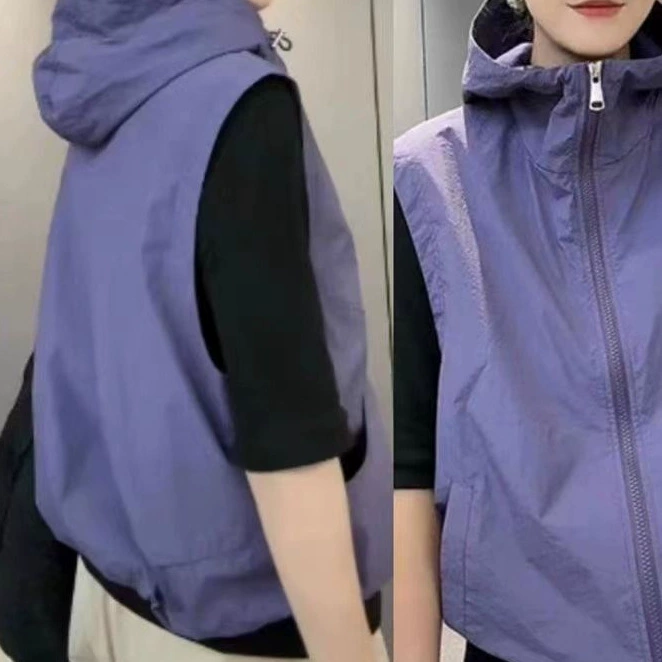 2025新款春秋薄款单层防晒服马甲女宽松外穿连帽透气马夹外套紫色