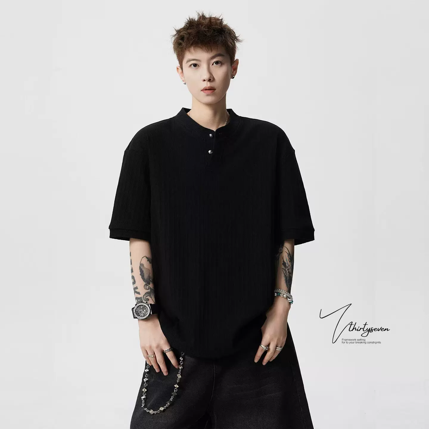 新款美式复古高级感亨利领短袖T恤男夏季休闲老钱风针织上衣潮流