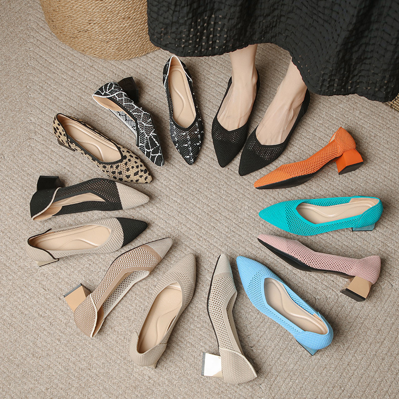 Knitted Hollow-Out Princess Shoes, Casual Shallow Mouth, Foreign Trade Knit Style, Slip-On Chunky High Heel Single Shoes for Women, Large Sizes 41-43