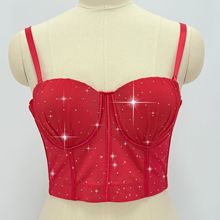 亚马逊跨境性感夜店风烫钻鱼骨胸衣聚拢透视露脐辣妹修身款小背心