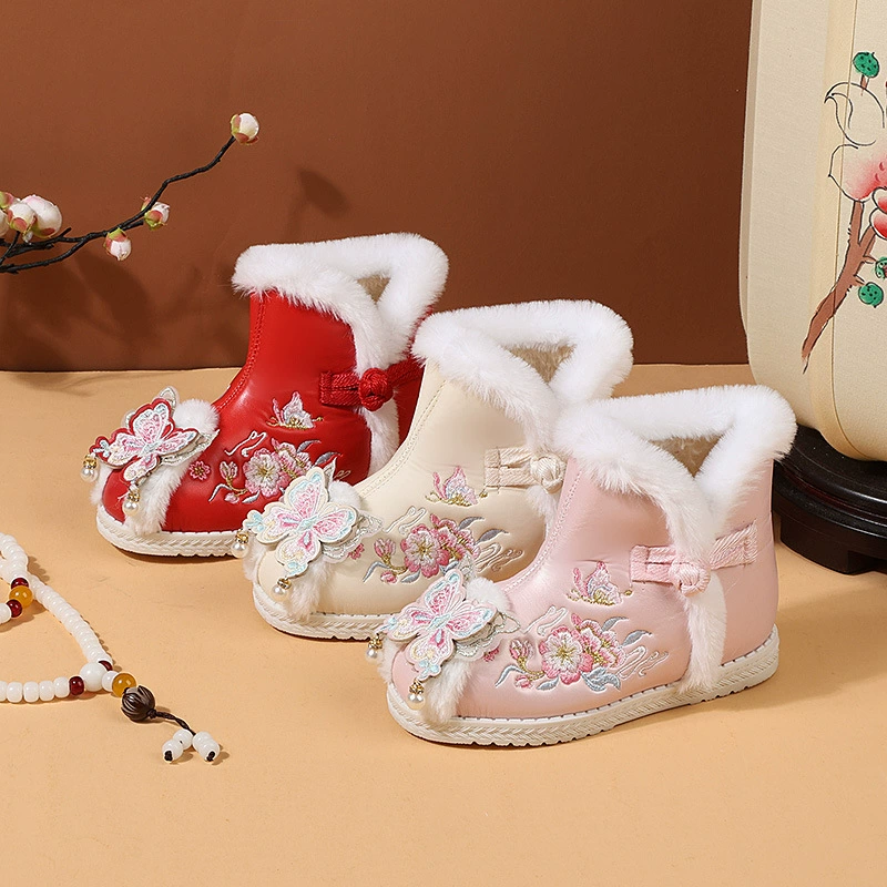 Вышитые ботинки для девочек плюс бархатные хлопчатобумажные ботинки для детей Hanfu обувь для детей в китайском стиле