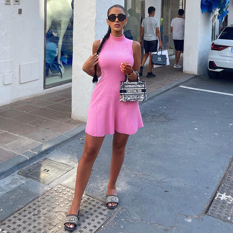 Fashion Solid Color High Neck Sleeveless Patchwork Spandex Polyester Above Knee Princess Dress