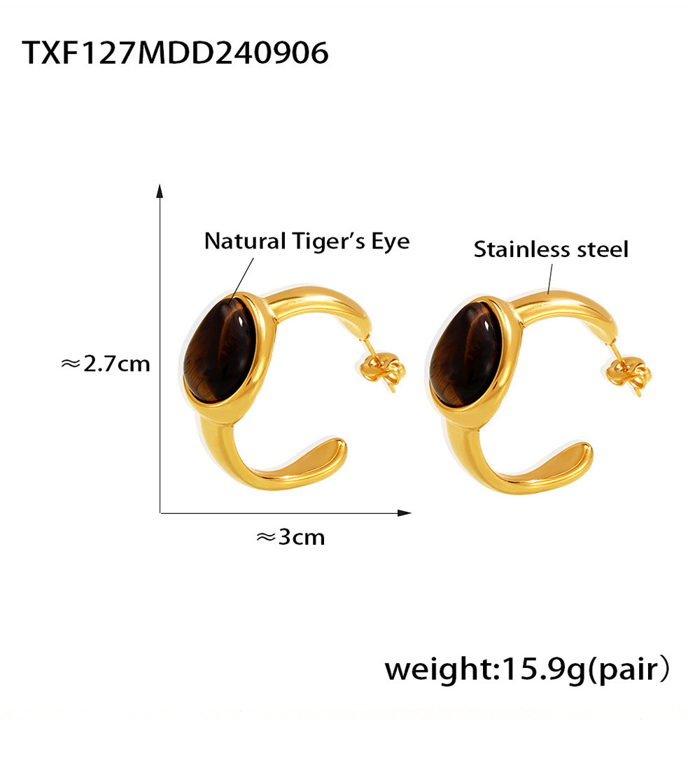 Retro Tiger Eye Stone Hoop Earrings & Open Ring Set Gold Plated_voghion.com