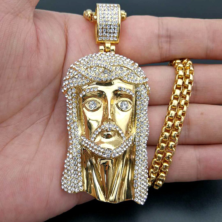 Collier pendentif hip-hop diamant en acier titane doré_voghion.com