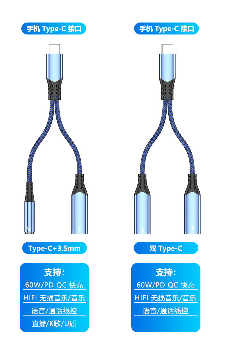 type-c耳机转接头快充60W充电二合一转换器适用于华为 小米 三星