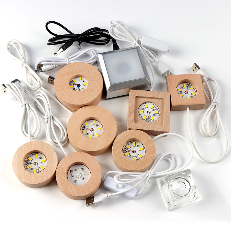 Crystal Ball Base 3D Laser Engraved Round Crystal Body Luminous Solid Wood Lamp Holder USB Interface Night Light Gift