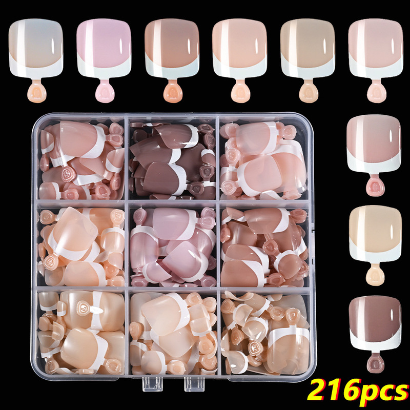 Cross-Border 216-Piece French-Style White-Edged Short Square Toenail Tips in 9 Colors, Box-Packed, Retro Simple Nail Art Toenails