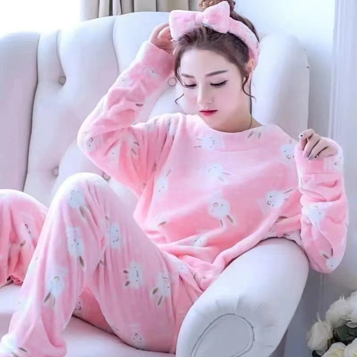 Otoño y invierno pijama de mujer punto pequeño conejo flanel engrosado dulce dibujos animados casuales manga larga cálida coral conjunto de terciopelo