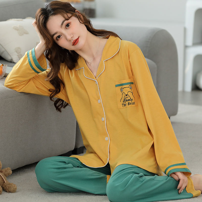 Pijamas traje de primavera/verano para mujer verano nuevo Algodón puro Primavera/otoño estudiante de algodón de manga larga estilo coreano ropa para el hogar suelta