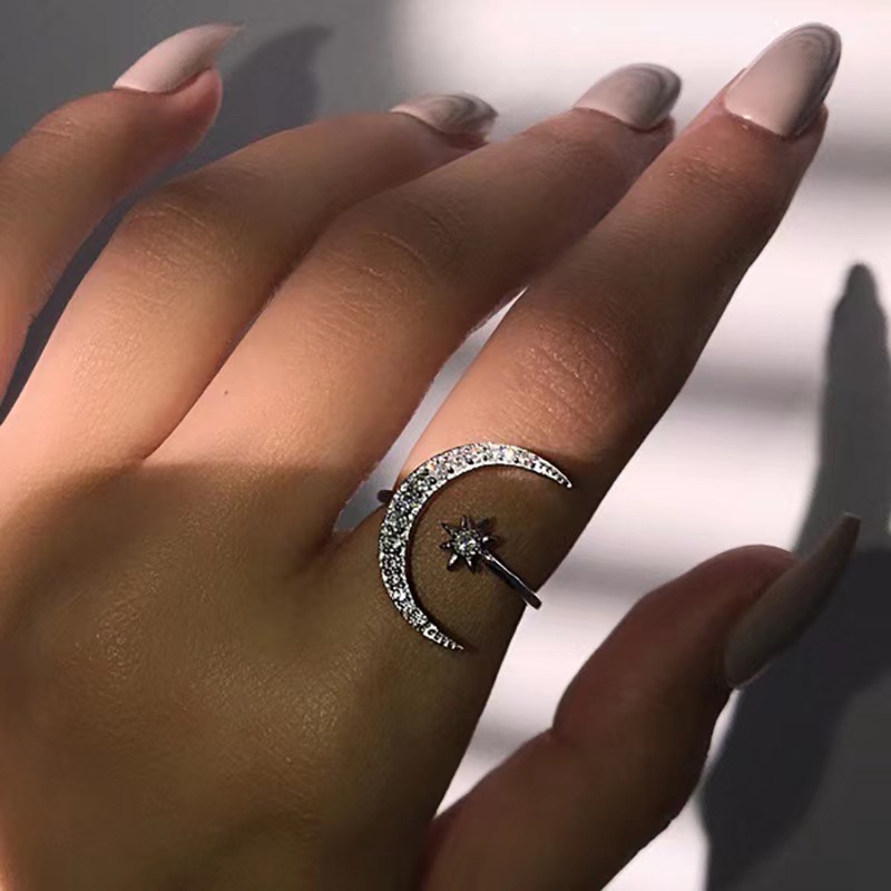 Venta caliente anillo de media luna anillo de la luna estrella de la moda europea y americana estilo étnico estrella Luna dedo índice anillo abierto image 5