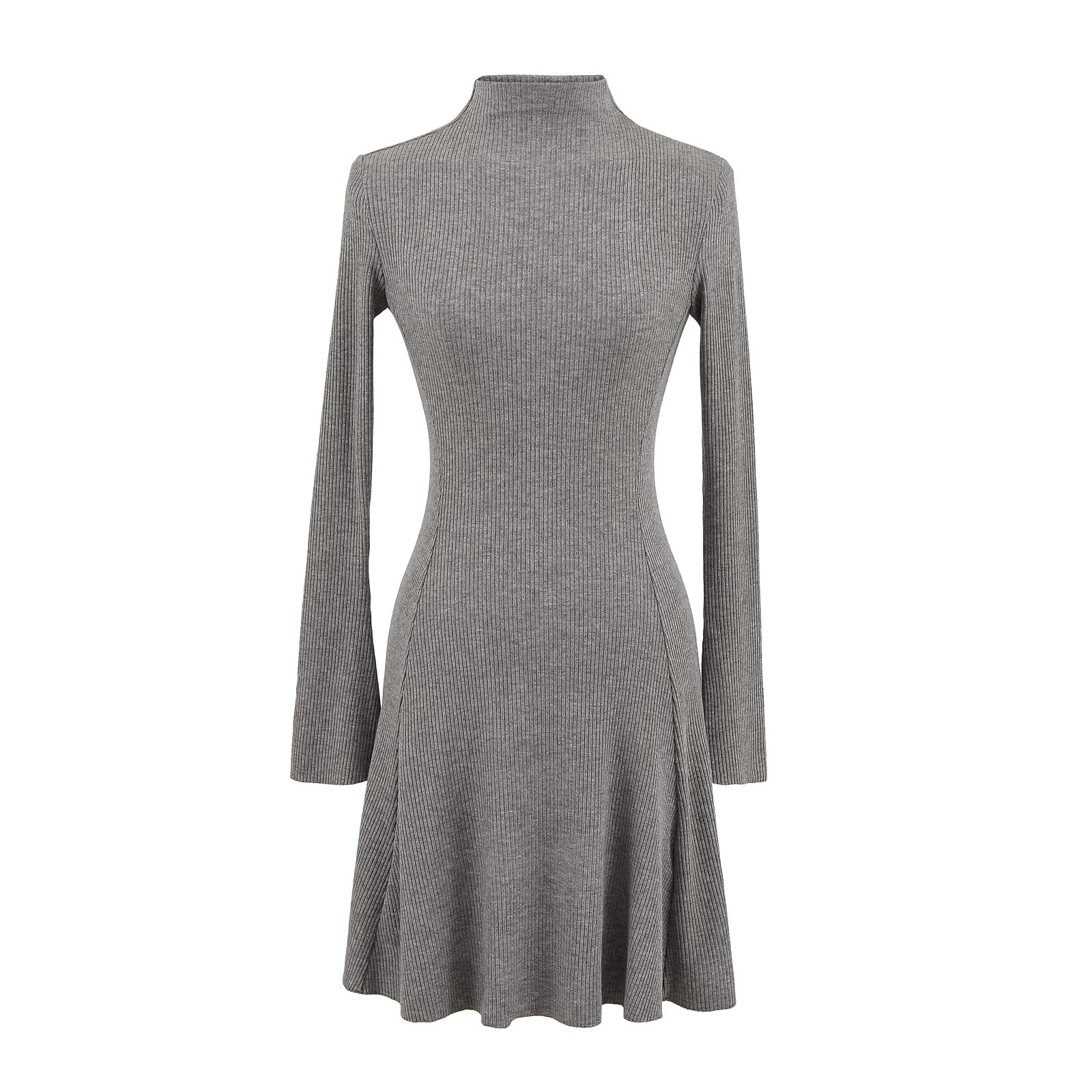 ​​Flared Sleeve Mock Neck Knit Dress – Slim Waist A-Line Mini/Midi Dress (Black/Grey/Khaki, S-L)​​_ecoleips.com