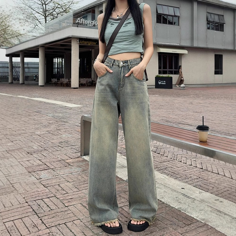 Vintage Washed Old Wide Leg Pants Women's Autumn 2024 New High Waist Slimming Loose Straight Rapped Mop Pants Vintage Washed Old Wide Leg Pants Women's Autumn 2024 New High Waist Slimming Loose Straight Rapped Mop Pants