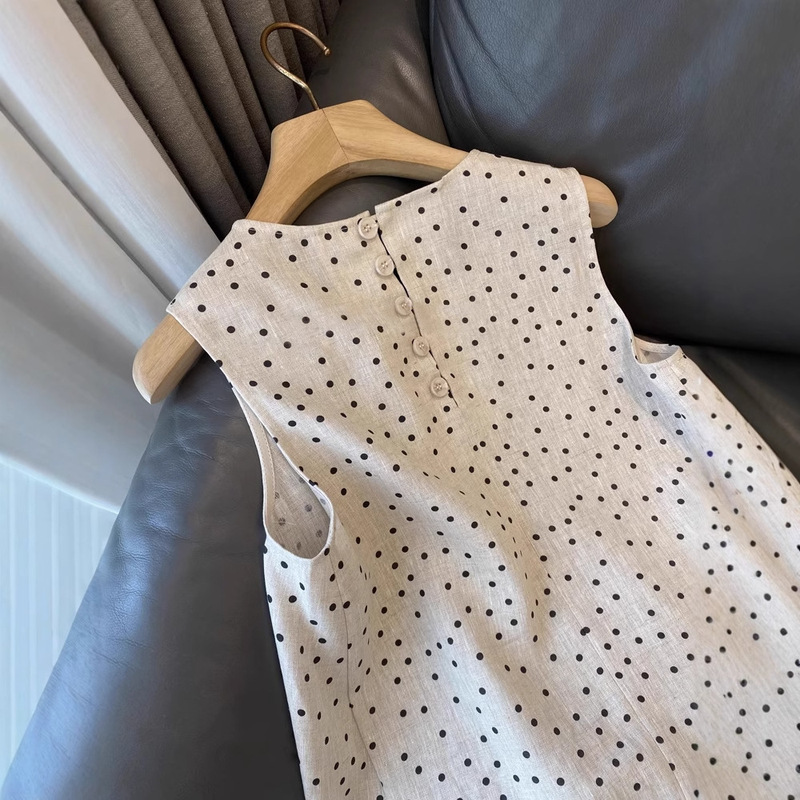 Authentic British Style Japanese Order! Cotton and Linen~ Loose Holiday Style Thin Sleeveless Polka Dot Dress for Women Spring and Summer