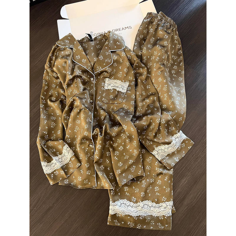 法式蕾丝边碎花冰丝睡衣女款2025新款大码长袖长裤休闲家居服套装|undefined