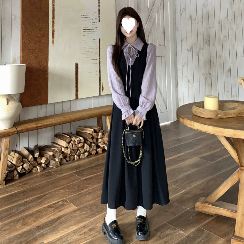 Fake two-piece polo collar shirt dress for women, spring/autumn 2026, plus size, slimming, high-end French style long dress Fake two-piece polo collar shirt dress for women, spring/autumn 2026, plus size, slimming, high-end French style long dress