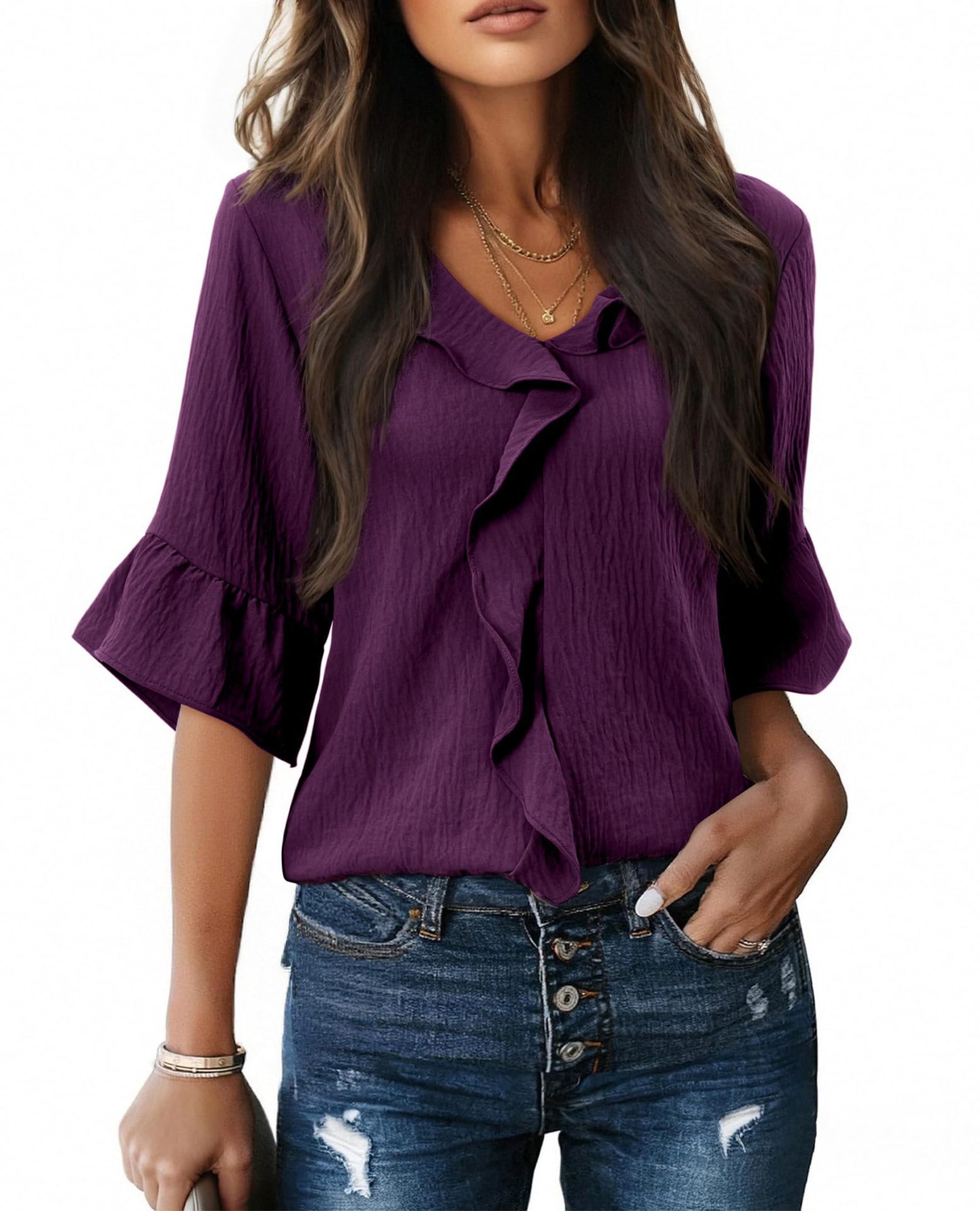 Women's V-neck Ruffle Blouse Flutter Sleeves Flowy Cold Silk Top_voghion.com