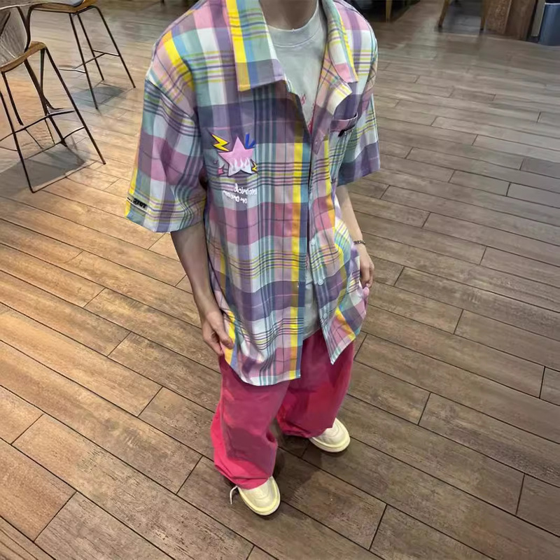 American Style Retro Color Plaid Short-sleeved Shirt Men's All-match Loose Fashionable Brand Half-sleeved Shirt for Couple Summer