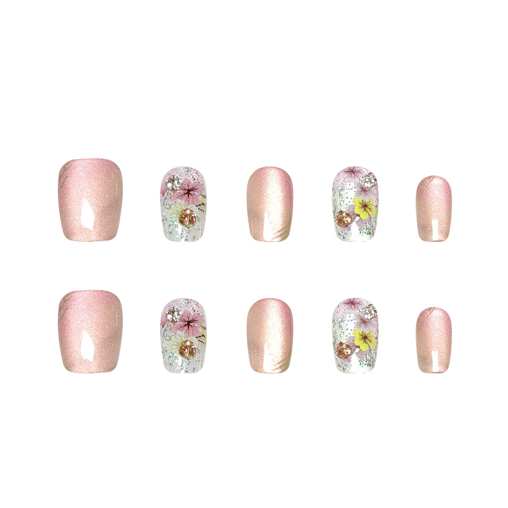 Douyin estilo caliente flor seca ojo de gato uñas parche de uñas sentido avanzado 10 piezas de código dividido armadura portátil hecha a mano corta hecha a mano