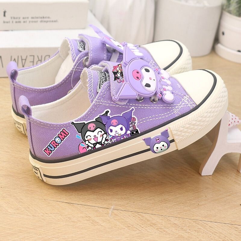 Children's Shoes, Girls' Sneakers, Spring and Autumn Low-Top Kuromi Canvas Shoes, Cartoon Elementary School Students' Sports Shoes, Non-Slip