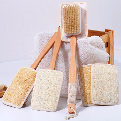 Loofah long handle shower brush with boar bristles, bath scrubber, back scrubbing brush, bathroom shower gadget, body scrub, shower loofah